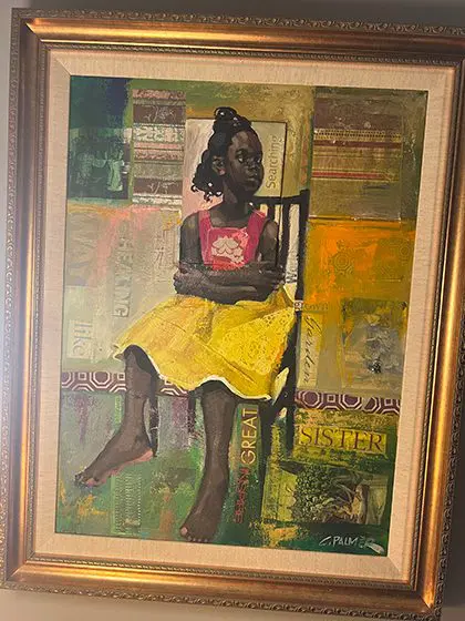 A painting of a woman sitting on a chair.
